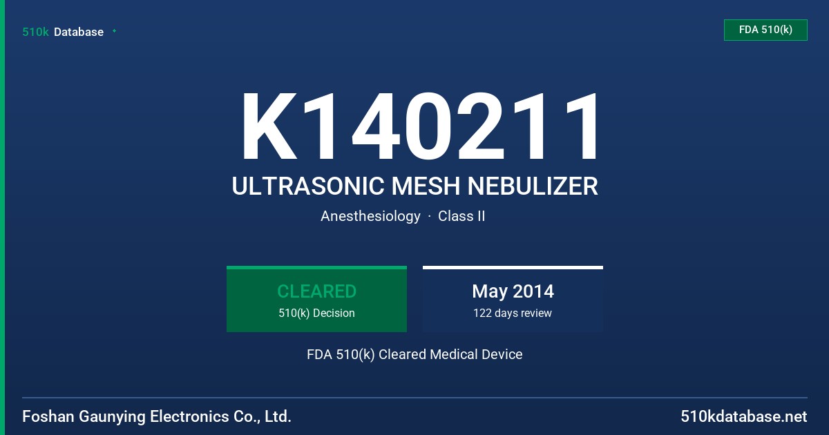K140211 ULTRASONIC MESH NEBULIZER FDA 510(k) Cleared Medical Device