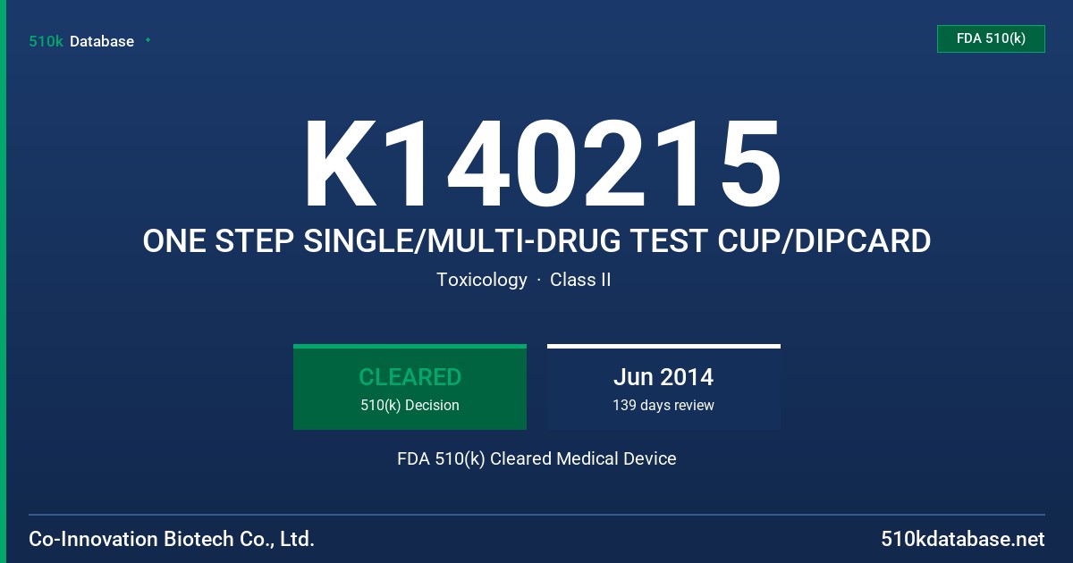 K140215 ONE STEP SINGLE/MULTI-DRUG TEST CUP/DIPCARD FDA 510(k) Cleared Medical Device