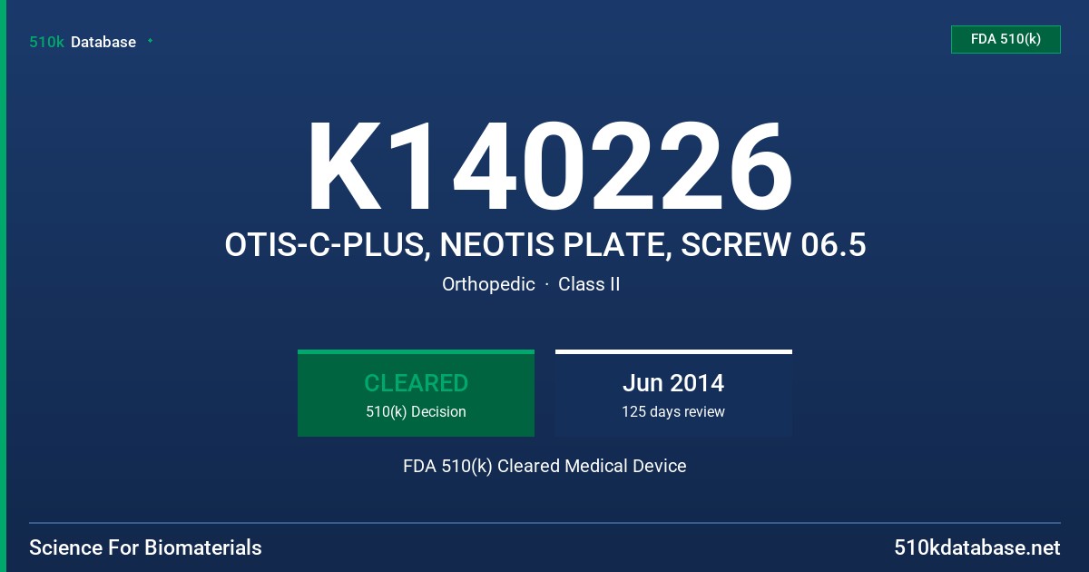 K140226 OTIS-C-PLUS, NEOTIS PLATE, SCREW 06.5 FDA 510(k) Cleared Medical Device