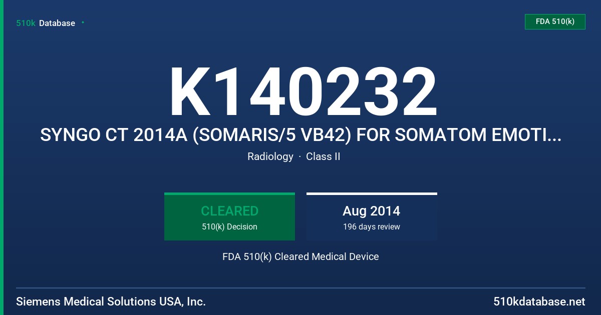 K140232 SYNGO CT 2014A (SOMARIS/5 VB42) FOR SOMATOM EMOTION & SENSATION FAMILY CT FDA 510(k) Cleared Medical Device