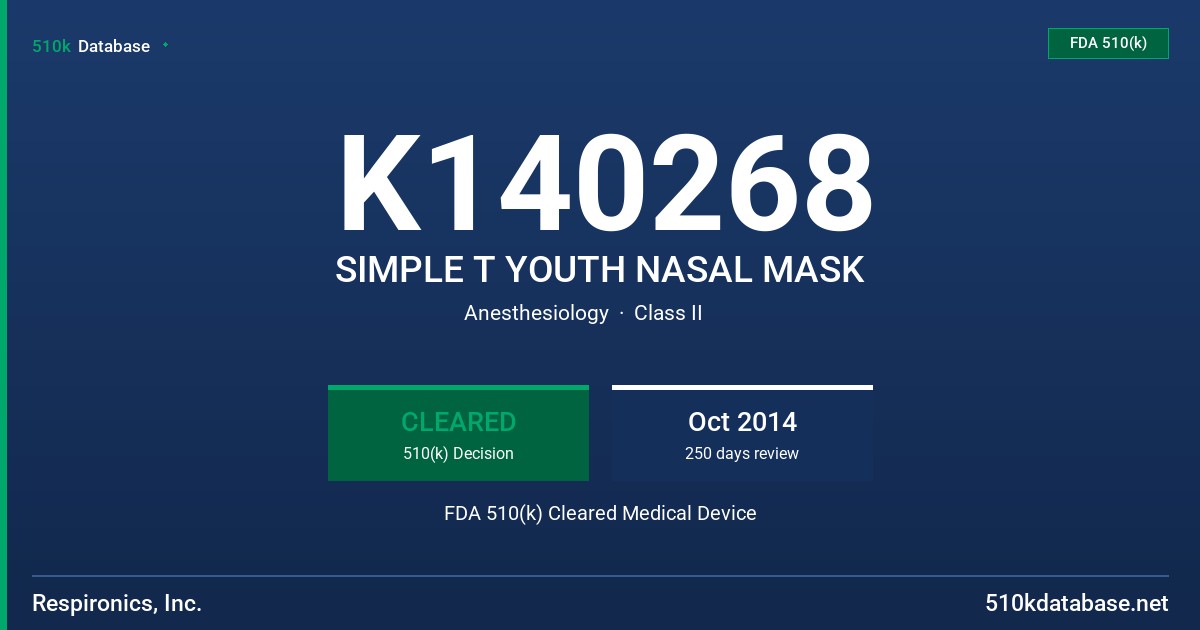K140268 SIMPLE T YOUTH NASAL MASK FDA 510(k) Cleared Medical Device