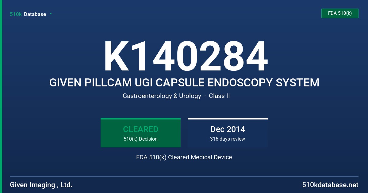 K140284 GIVEN PILLCAM UGI CAPSULE ENDOSCOPY SYSTEM FDA 510(k) Cleared Medical Device