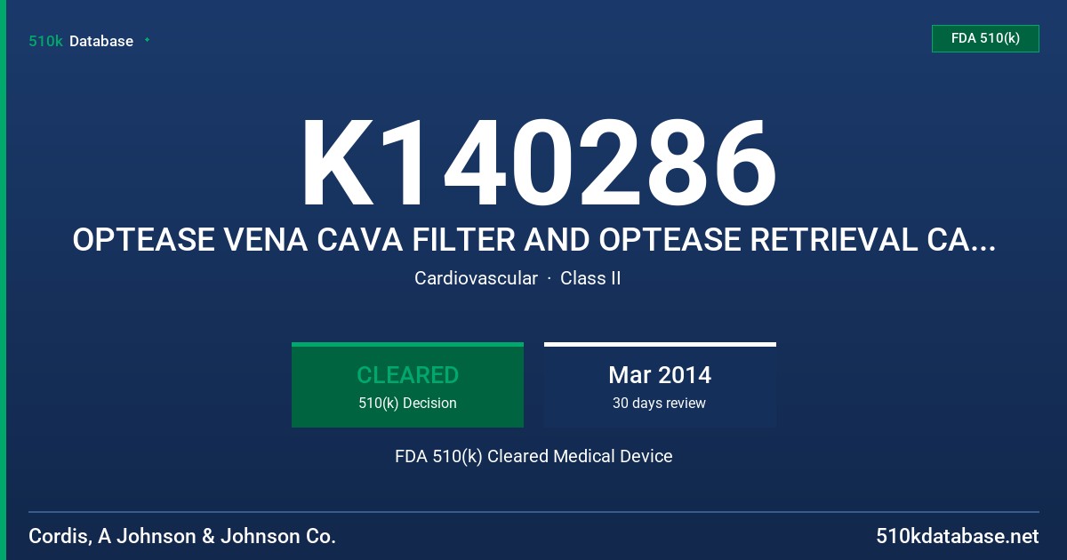 K140286 OPTEASE VENA CAVA FILTER AND OPTEASE RETRIEVAL CATHTETER FDA 510(k) Cleared Medical Device