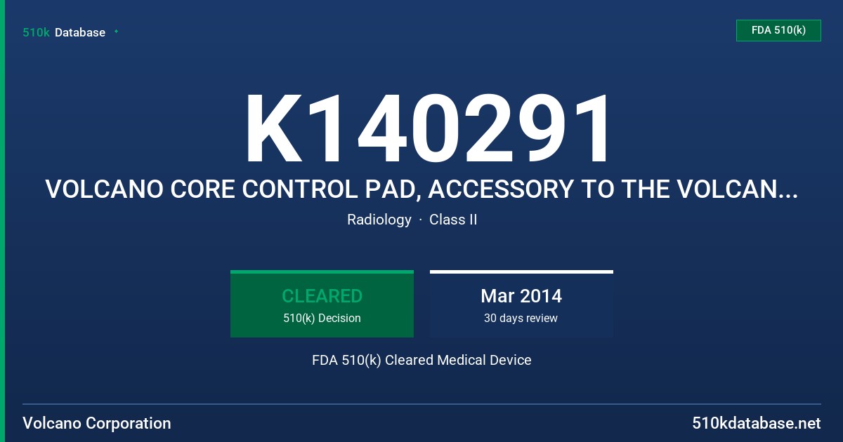K140291 VOLCANO CORE CONTROL PAD, ACCESSORY TO THE VOLCANO S5/S5I INTRAVASCULAR ULTRASOUND IMAGING & PRESSURE SYSTEMS FDA 510(k) Cleared Medical Device