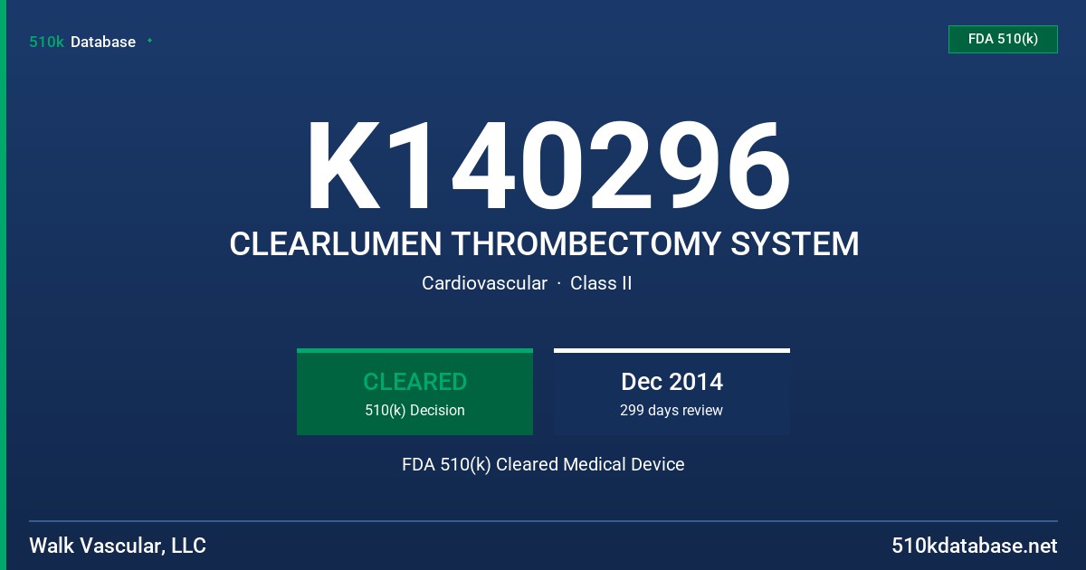 K140296 CLEARLUMEN THROMBECTOMY SYSTEM FDA 510(k) Cleared Medical Device