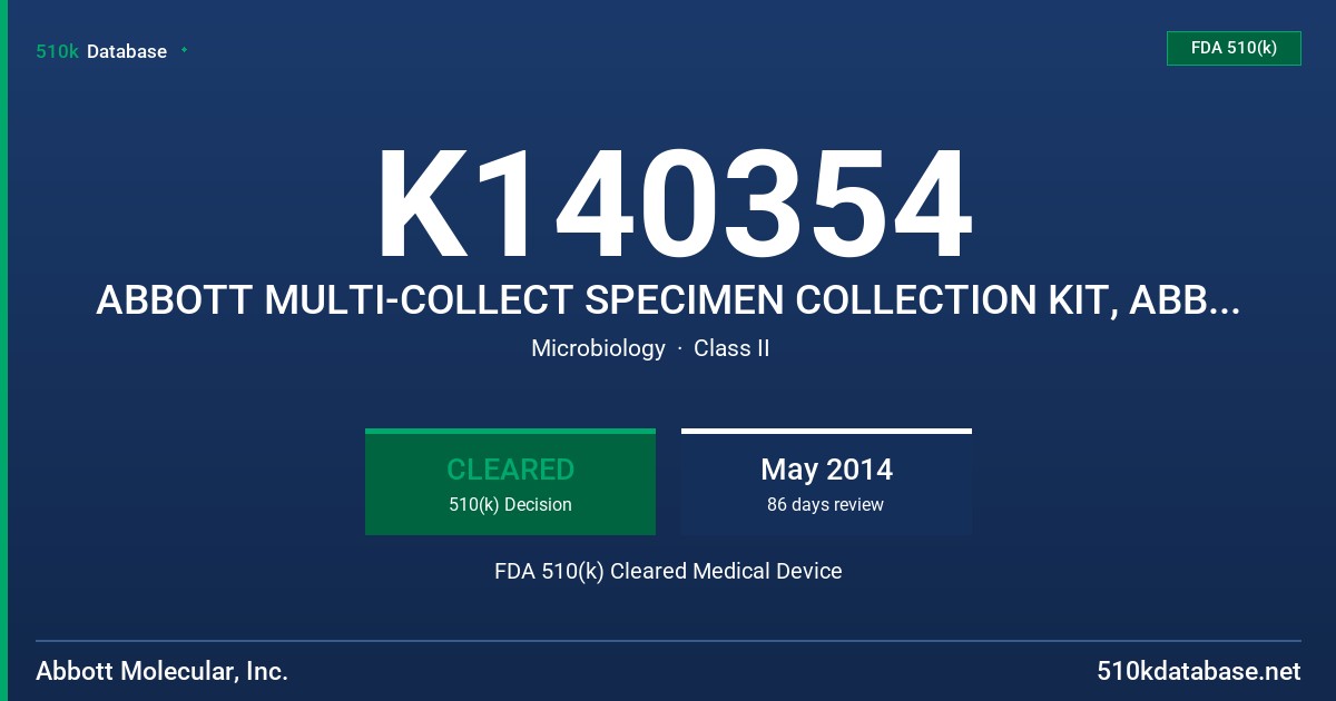 K140354 ABBOTT MULTI-COLLECT SPECIMEN COLLECTION KIT, ABBOTT REAL TIME CT/NG FDA 510(k) Cleared Medical Device