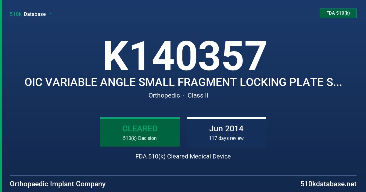 K140357 OIC VARIABLE ANGLE SMALL FRAGMENT LOCKING PLATE SYSTEM FDA 510(k) Cleared Medical Device