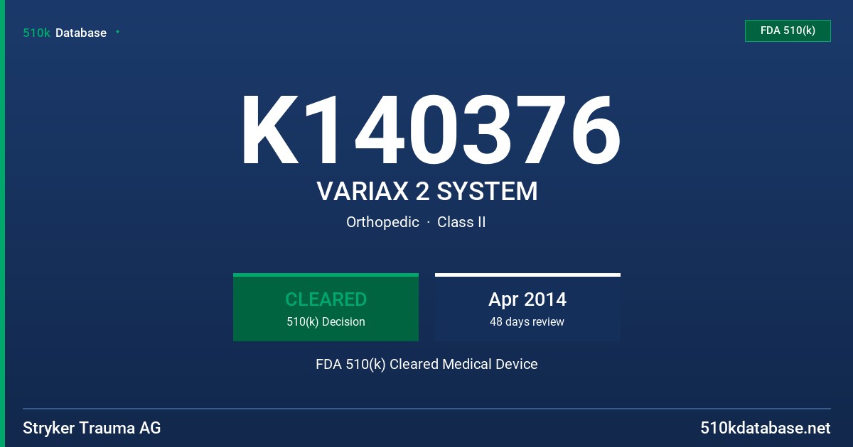 K140376 VARIAX 2 SYSTEM FDA 510(k) Cleared Medical Device