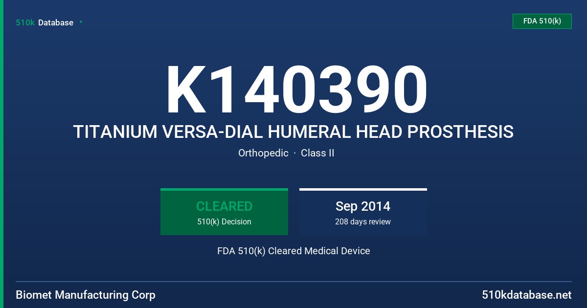 K140390 TITANIUM VERSA-DIAL HUMERAL HEAD PROSTHESIS FDA 510(k) Cleared Medical Device
