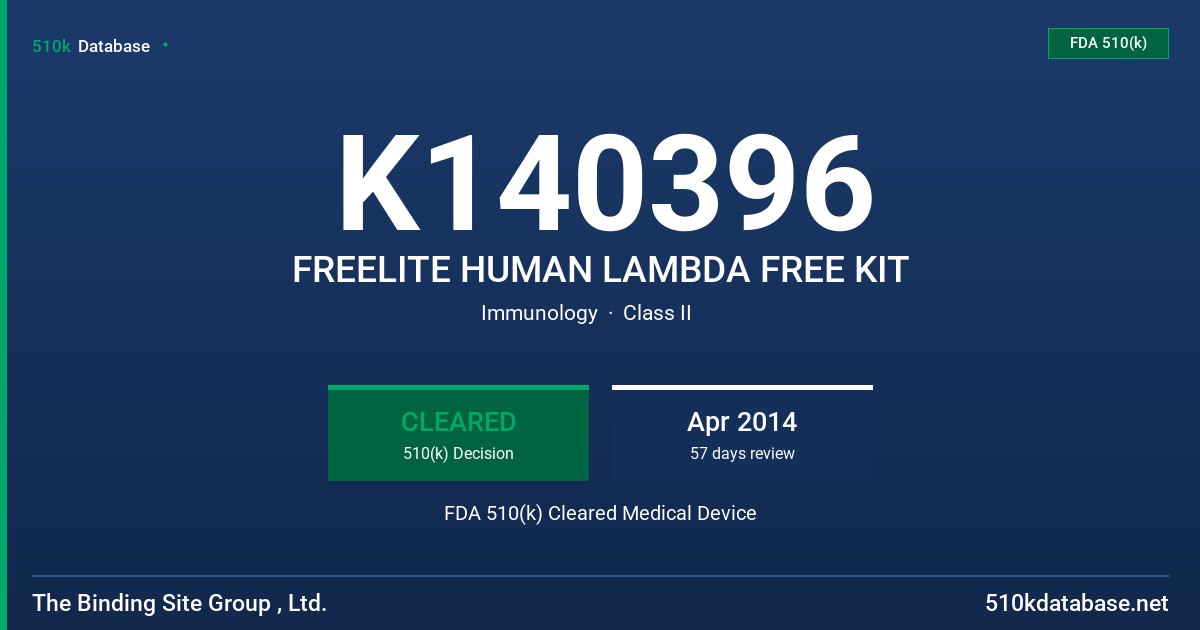 K140396 FREELITE HUMAN LAMBDA FREE KIT FDA 510(k) Cleared Medical Device