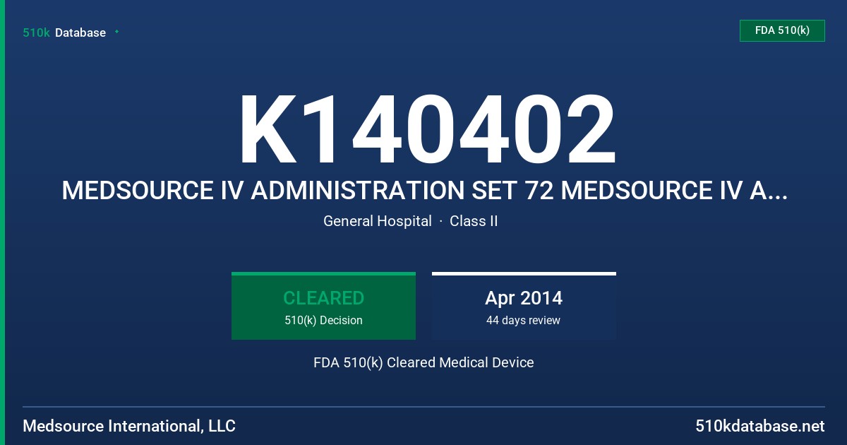 K140402 MEDSOURCE IV ADMINISTRATION SET 72 MEDSOURCE IV ADMINISTRATION SET, NEEDLELESS MALE ADAPTER, MEDSOURCE IV EXTENSION SET FDA 510(k) Cleared Medical Device