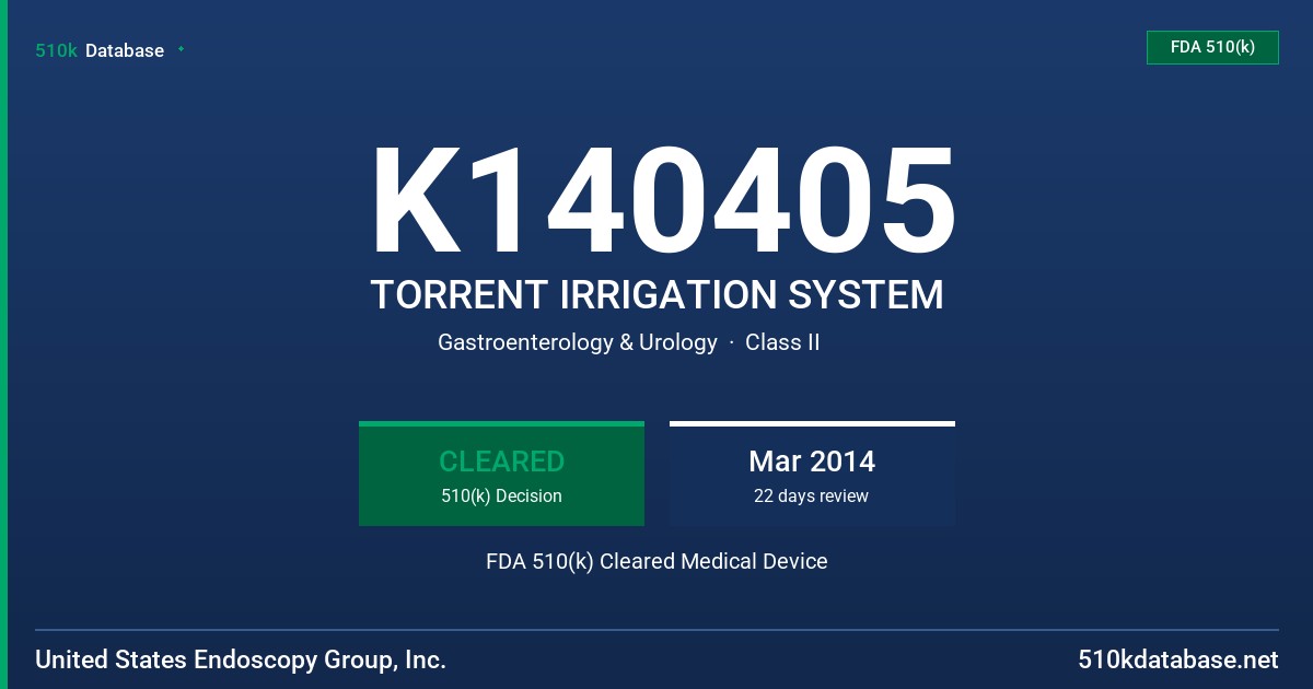 K140405 TORRENT IRRIGATION SYSTEM FDA 510(k) Cleared Medical Device
