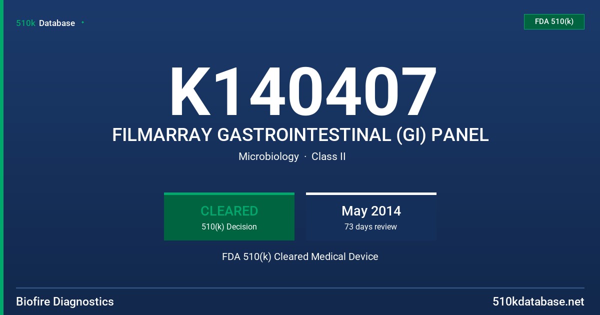 K140407 FILMARRAY GASTROINTESTINAL (GI) PANEL FDA 510(k) Cleared Medical Device