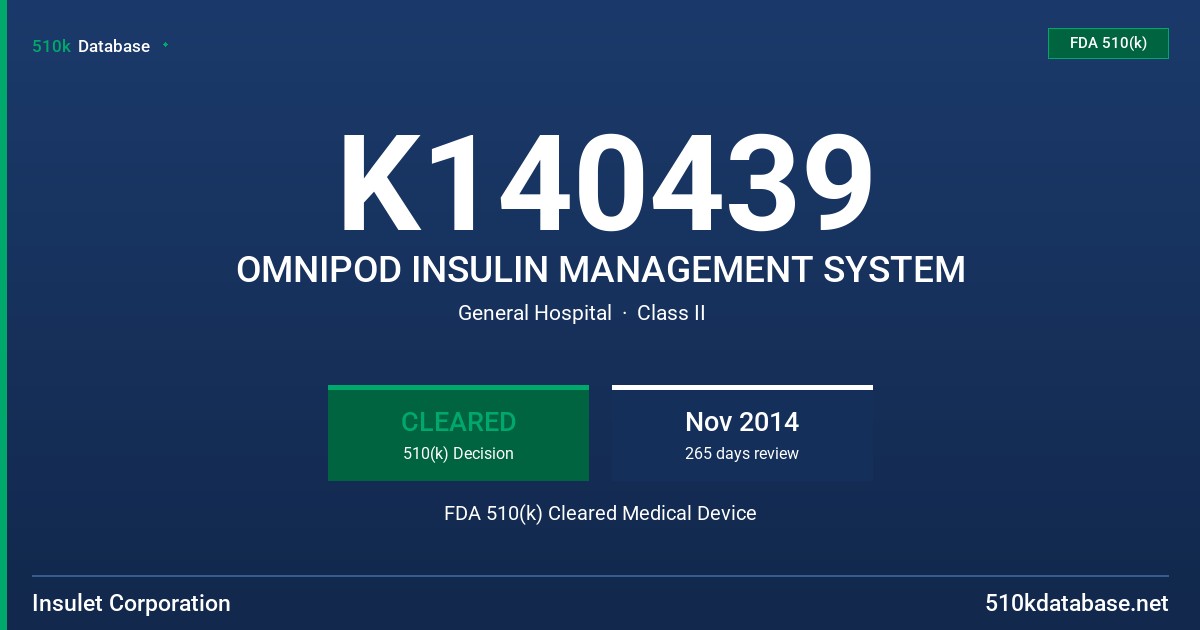 K140439 OMNIPOD INSULIN MANAGEMENT SYSTEM FDA 510(k) Cleared Medical Device