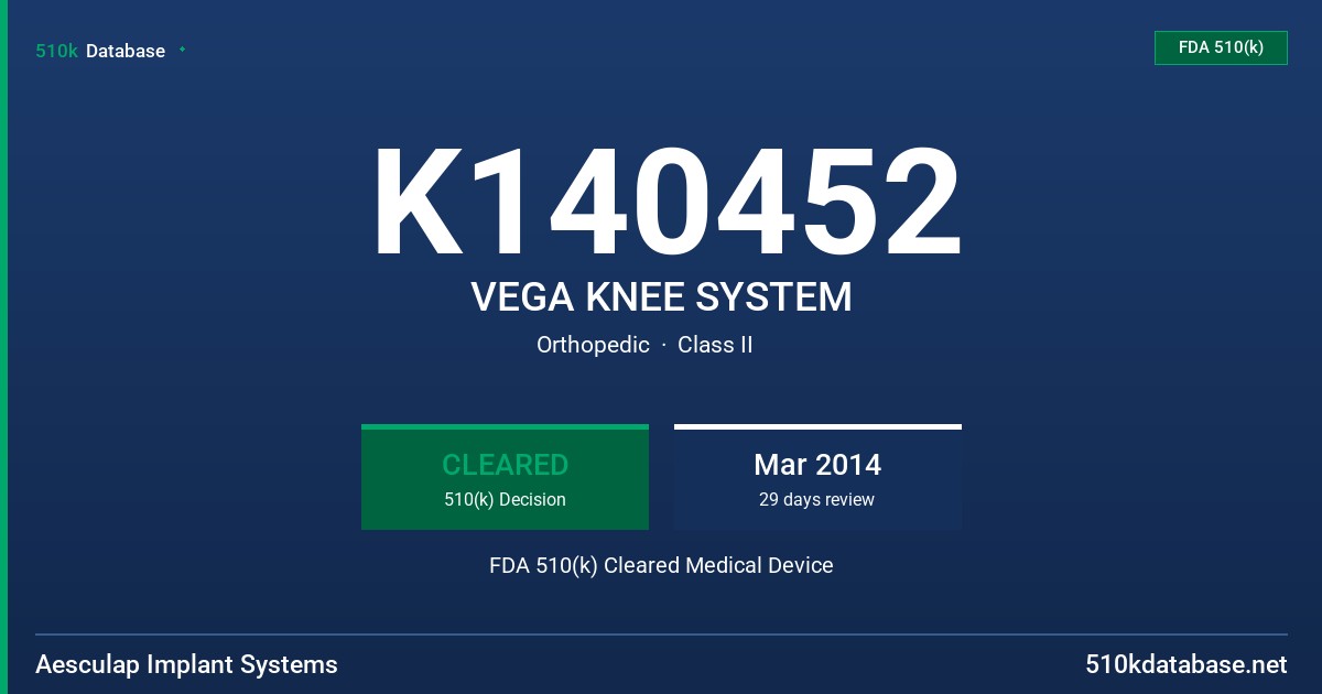 K140452 VEGA KNEE SYSTEM FDA 510(k) Cleared Medical Device