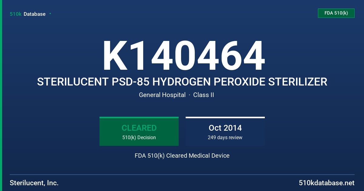 K140464 STERILUCENT PSD-85 HYDROGEN PEROXIDE STERILIZER FDA 510(k) Cleared Medical Device