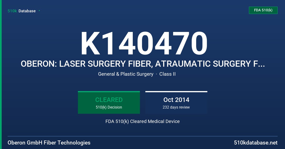 K140470 OBERON: LASER SURGERY FIBER, ATRAUMATIC SURGERY FIBER, SIDE FIRE FIBER, RADIAL EMISSION FIBER, DENTAL SURGERY FIBER FDA 510(k) Cleared Medical Device