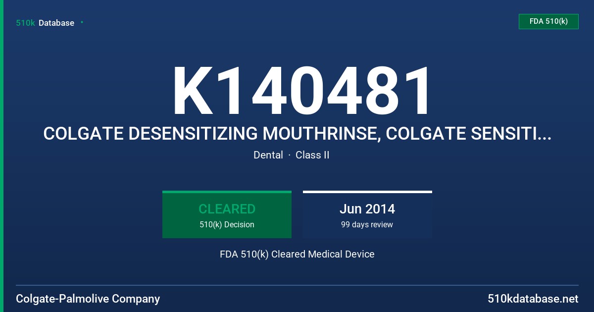 K140481 COLGATE DESENSITIZING MOUTHRINSE, COLGATE SENSITIVE PRO-RELIEF MOUTHWASH FDA 510(k) Cleared Medical Device