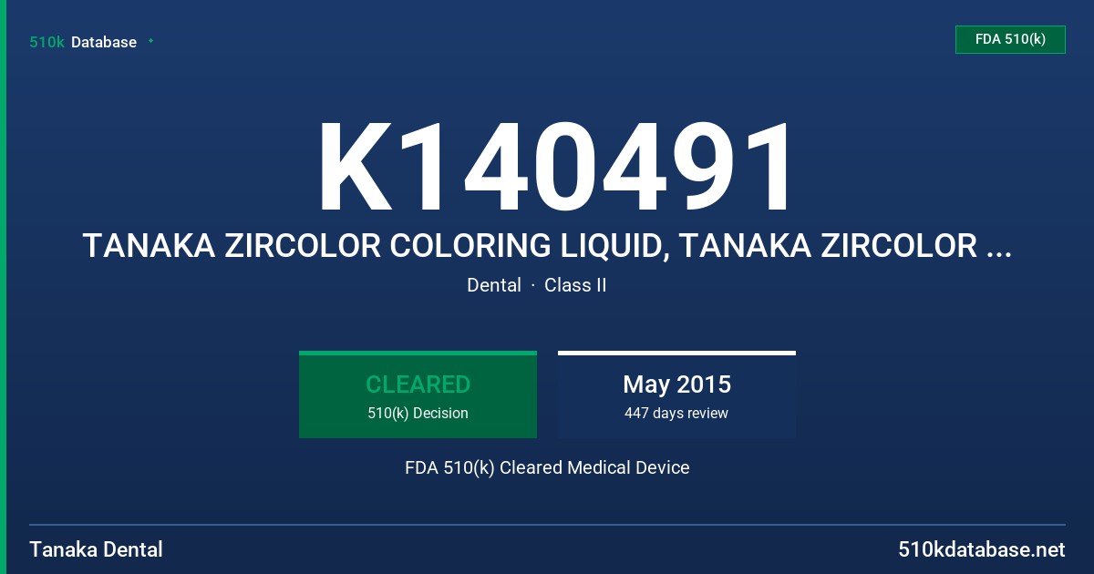 K140491 TANAKA ZIRCOLOR COLORING LIQUID, TANAKA ZIRCOLOR DIPPING LIQUID AND TANAKA ENAMEL ZR BLOCKS FDA 510(k) Cleared Medical Device
