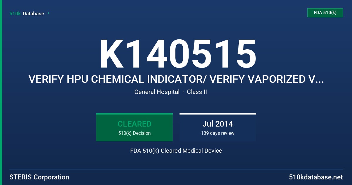 K140515 VERIFY HPU CHEMICAL INDICATOR/ VERIFY VAPORIZED VH202 PROCESS INDICATOR ADHESIVE LABEL FDA 510(k) Cleared Medical Device