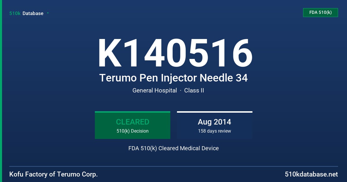 K140516 Terumo Pen Injector Needle 34 FDA 510(k) Cleared Medical Device
