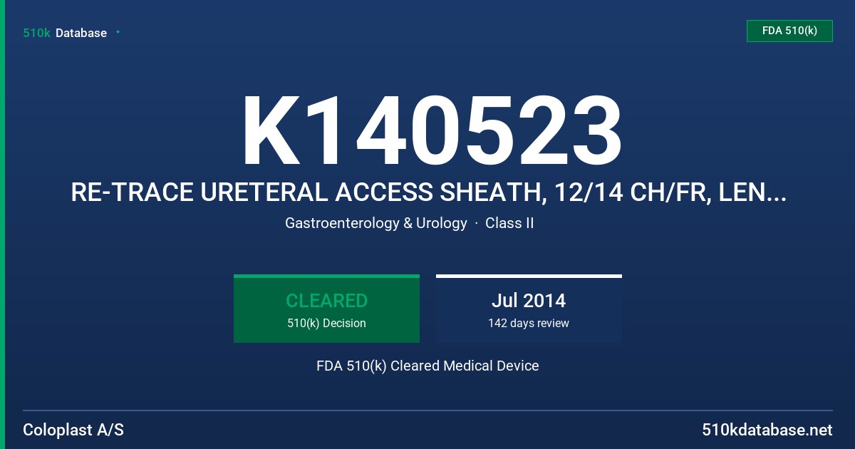 K140523 RE-TRACE URETERAL ACCESS SHEATH, 12/14 CH/FR, LENGTH 35 CM, LENGTH 45 CM FDA 510(k) Cleared Medical Device