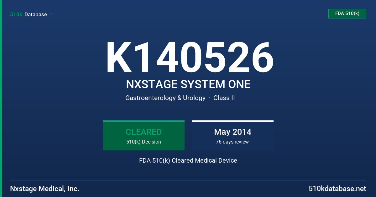 K140526 NXSTAGE SYSTEM ONE FDA 510(k) Cleared Medical Device