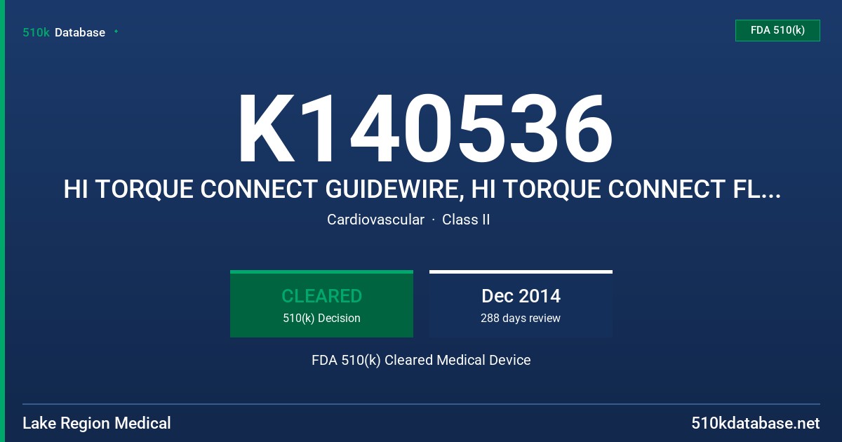 K140536 HI TORQUE CONNECT GUIDEWIRE, HI TORQUE CONNECT FLEX GUIDEWIRE, HI TORQUE CONNECT 250T GUIDEWIRE FDA 510(k) Cleared Medical Device