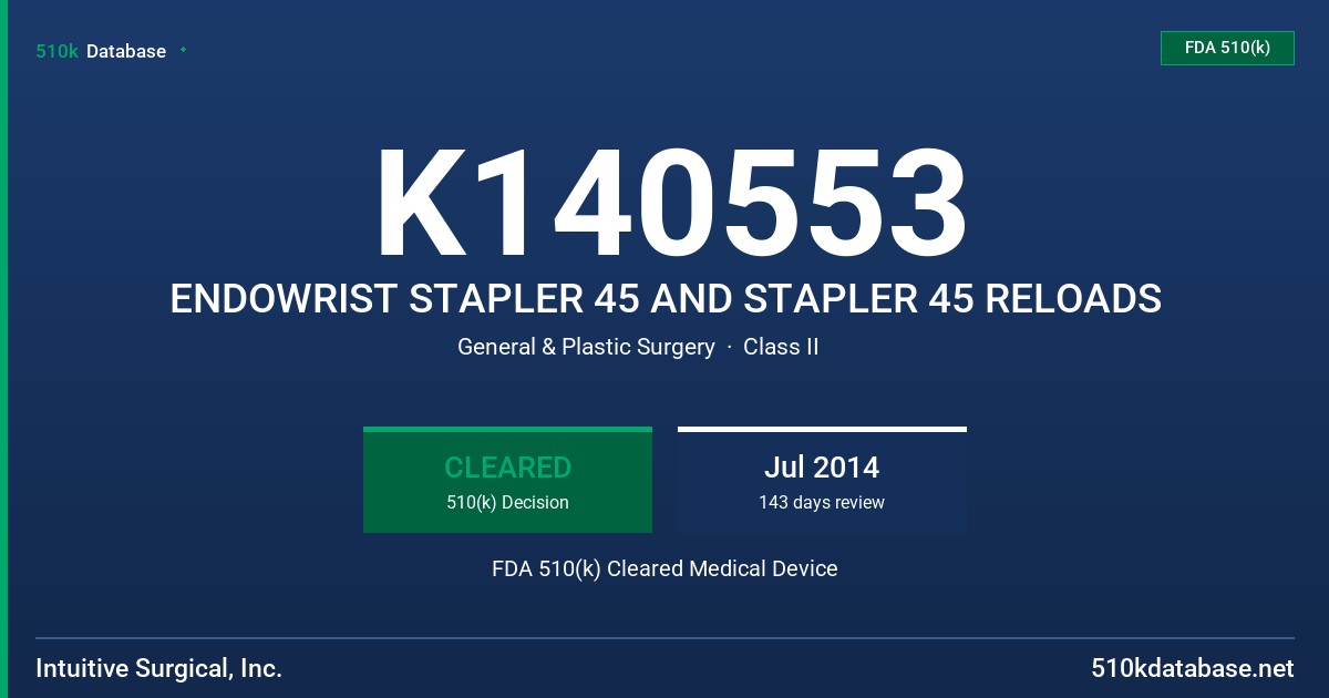 K140553 ENDOWRIST STAPLER 45 AND STAPLER 45 RELOADS FDA 510(k) Cleared Medical Device