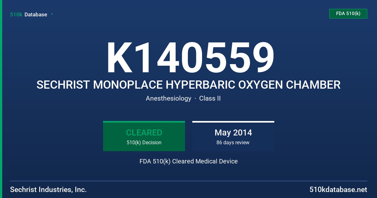 K140559 SECHRIST MONOPLACE HYPERBARIC OXYGEN CHAMBER FDA 510(k) Cleared Medical Device