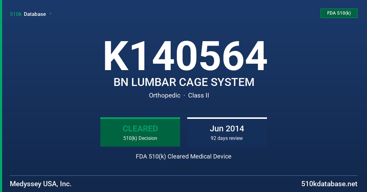 K140564 BN LUMBAR CAGE SYSTEM FDA 510(k) Cleared Medical Device