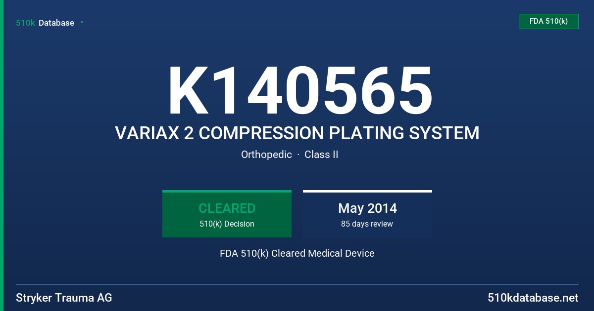 K140565 VARIAX 2 COMPRESSION PLATING SYSTEM FDA 510(k) Cleared Medical Device