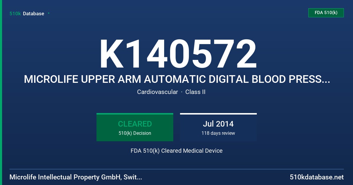 K140572 MICROLIFE UPPER ARM AUTOMATIC DIGITAL BLOOD PRESSURE MONITOR FDA 510(k) Cleared Medical Device