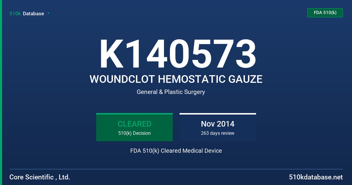 K140573 WOUNDCLOT HEMOSTATIC GAUZE FDA 510(k) Cleared Medical Device