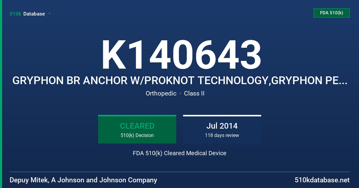 K140643 GRYPHON BR ANCHOR W/PROKNOT TECHNOLOGY,GRYPHON PEEK ANCHOR W/ PROKNOT TECHNOLOGY FDA 510(k) Cleared Medical Device