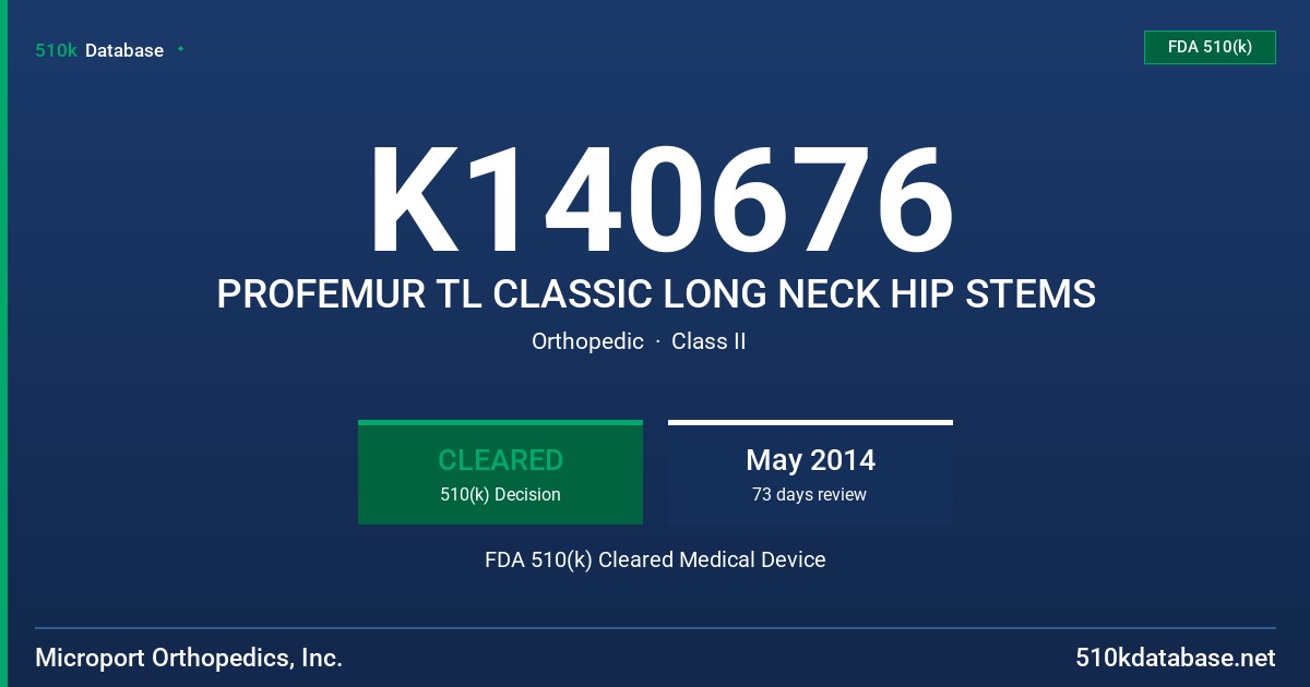 K140676 PROFEMUR TL CLASSIC LONG NECK HIP STEMS FDA 510(k) Cleared Medical Device