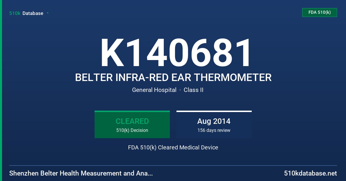 K140681 BELTER INFRA-RED EAR THERMOMETER FDA 510(k) Cleared Medical Device