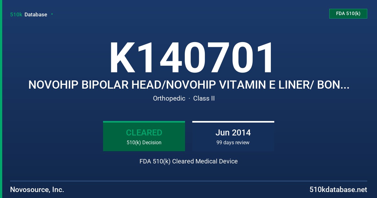K140701 NOVOHIP BIPOLAR HEAD/NOVOHIP VITAMIN E LINER/ BONE SCREWS/ HOLE PLUG FDA 510(k) Cleared Medical Device
