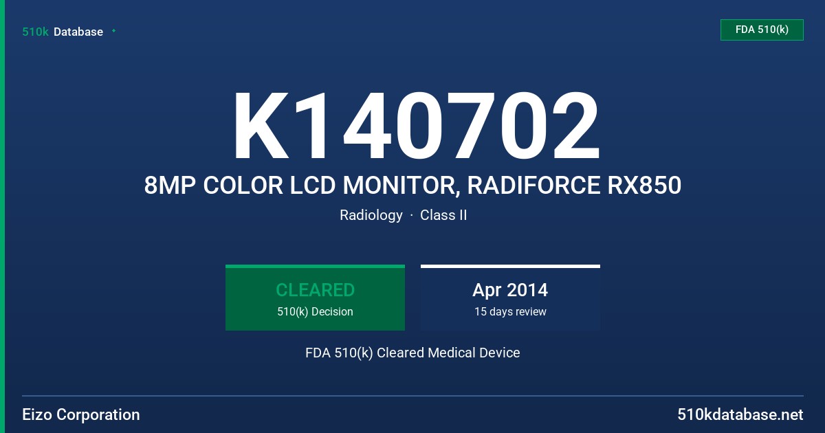 K140702 8MP COLOR LCD MONITOR, RADIFORCE RX850 FDA 510(k) Cleared Medical Device