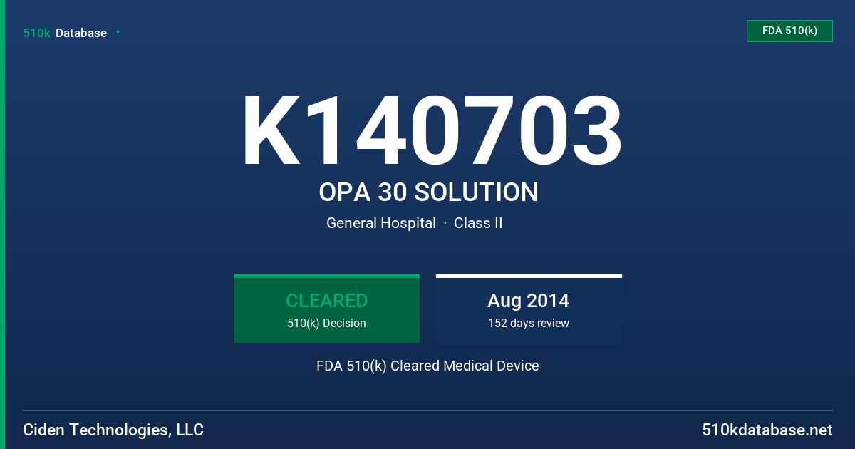 K140703 OPA 30 SOLUTION FDA 510(k) Cleared Medical Device