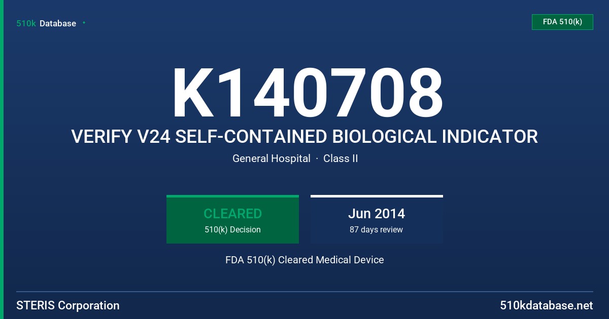 K140708 VERIFY V24 SELF-CONTAINED BIOLOGICAL INDICATOR FDA 510(k) Cleared Medical Device