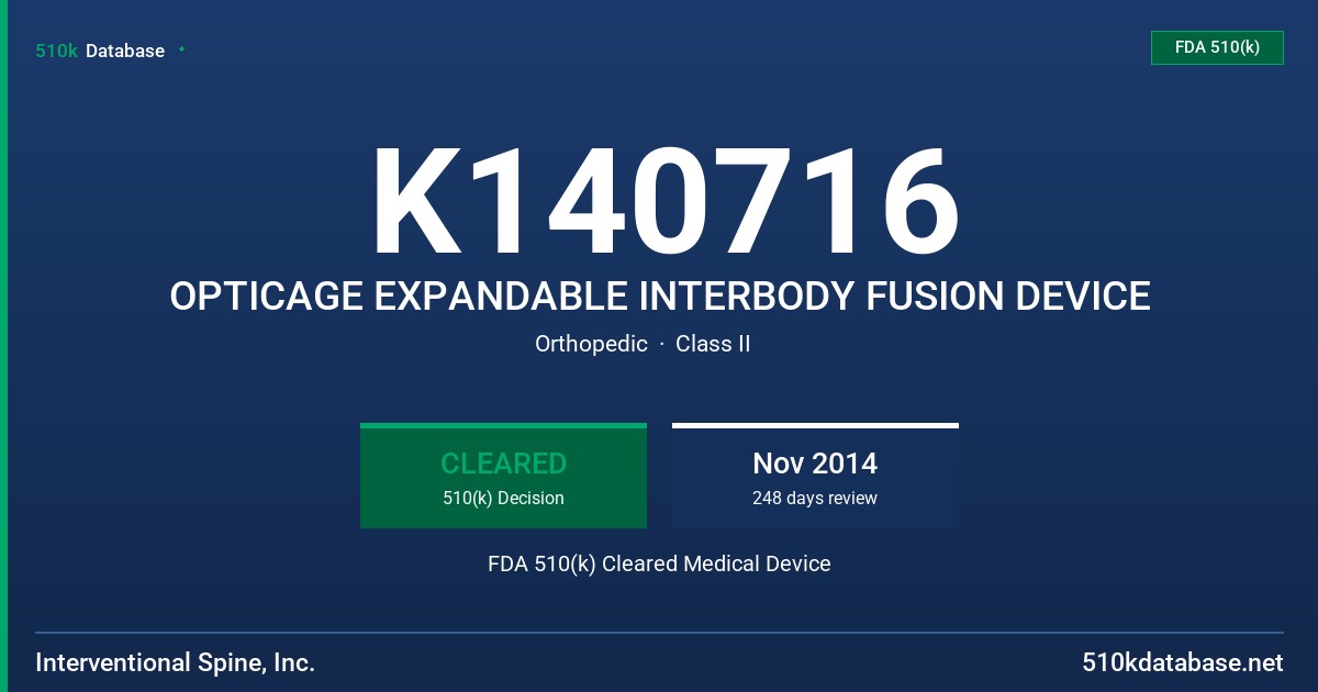 K140716 OPTICAGE EXPANDABLE INTERBODY FUSION DEVICE FDA 510(k) Cleared Medical Device