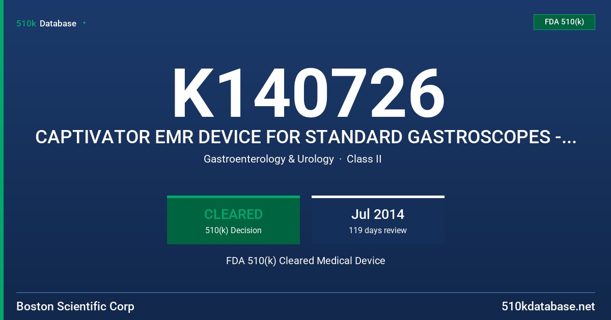 K140726 CAPTIVATOR EMR DEVICE FOR STANDARD GASTROSCOPES - BOX 1, CAPTIVATOR EMR DEVICE FOR STANDARD GASTROSCOPES - BOX 5, CAPTIV FDA 510(k) Cleared Medical Device