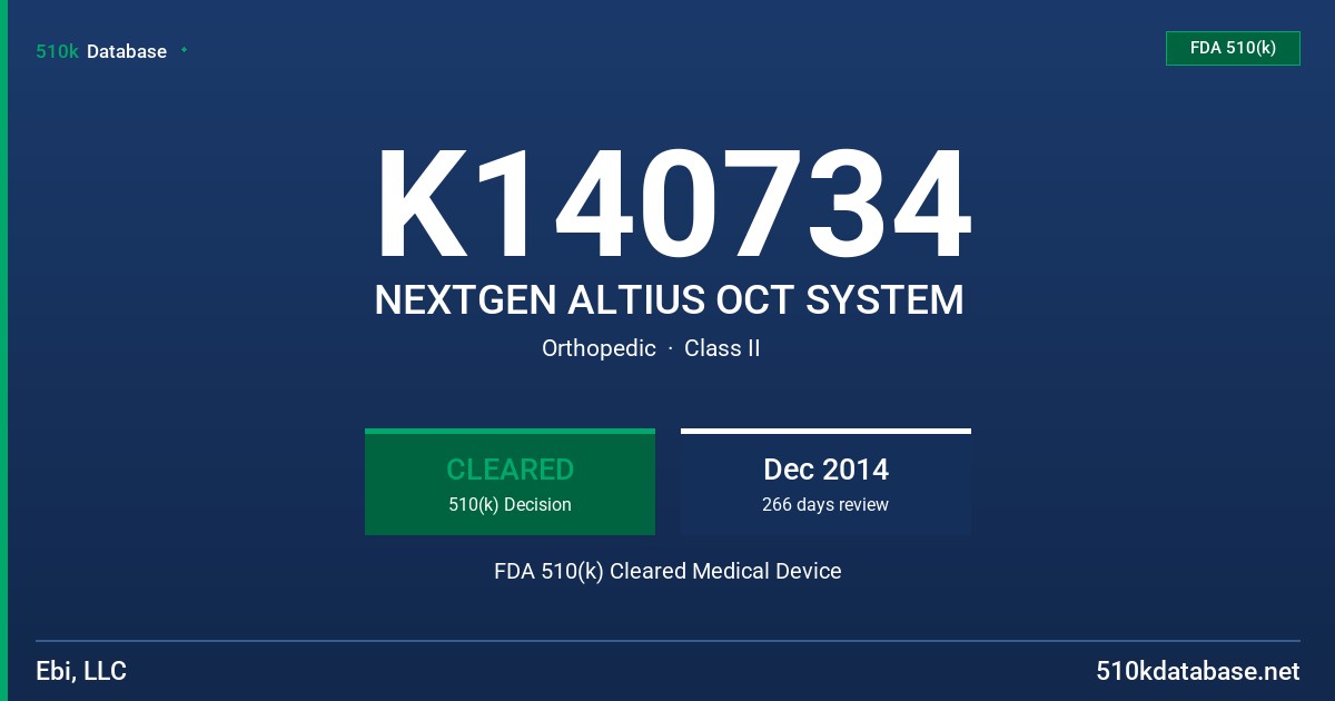 K140734 NEXTGEN ALTIUS OCT SYSTEM FDA 510(k) Cleared Medical Device
