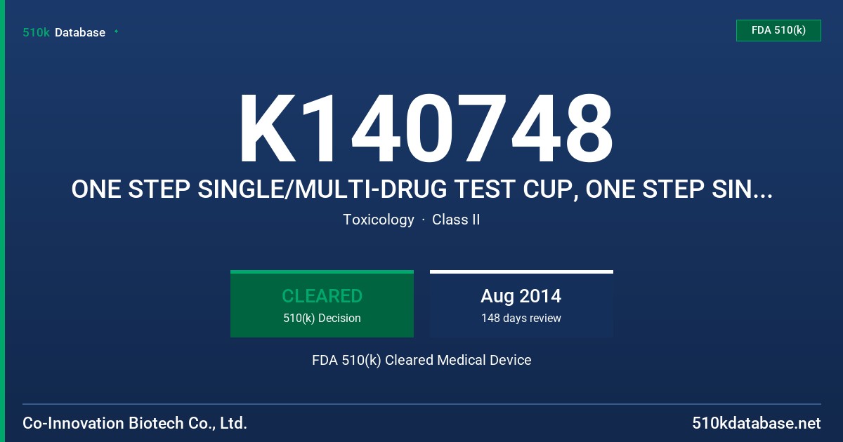 K140748 ONE STEP SINGLE/MULTI-DRUG TEST CUP, ONE STEP SINGLE/MULTI-DRUG TEST DIPCARD FDA 510(k) Cleared Medical Device