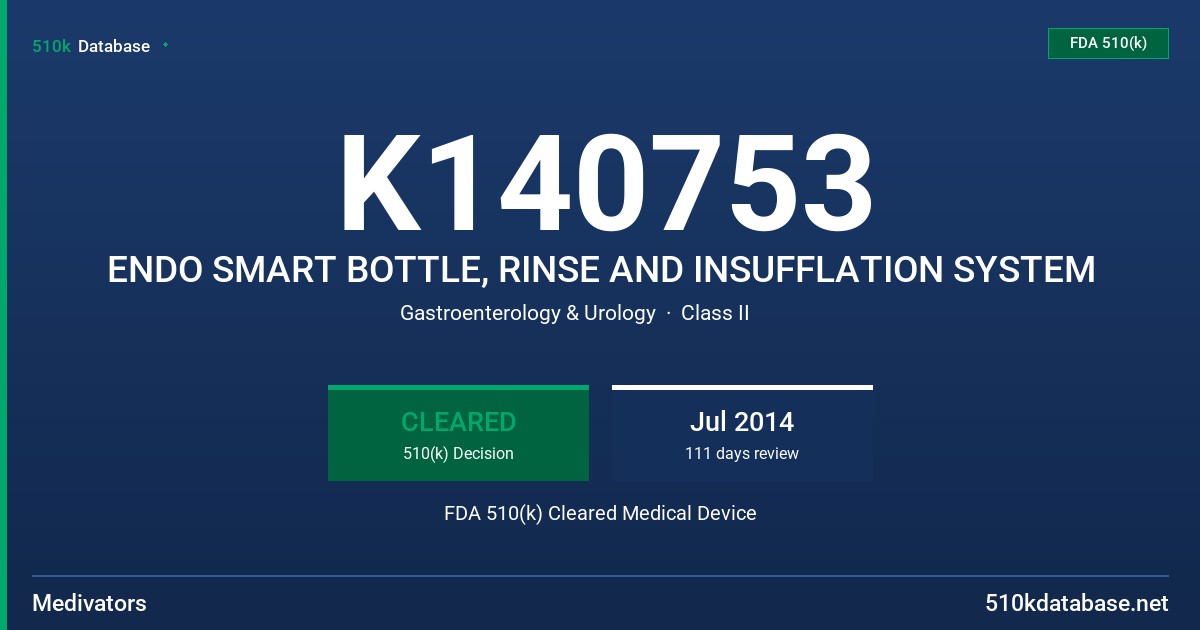 K140753 ENDO SMART BOTTLE, RINSE AND INSUFFLATION SYSTEM FDA 510(k) Cleared Medical Device