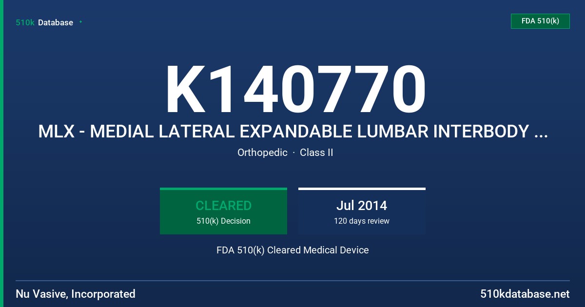 K140770 MLX - MEDIAL LATERAL EXPANDABLE LUMBAR INTERBODY SYSTEM FDA 510(k) Cleared Medical Device