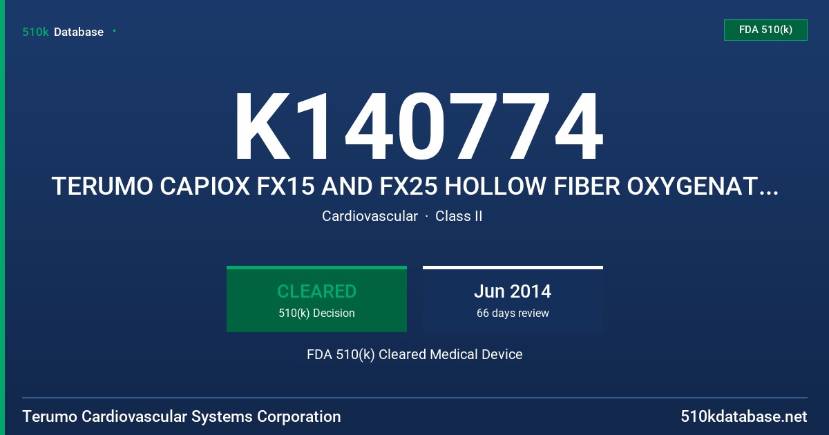 K140774 TERUMO CAPIOX FX15 AND FX25 HOLLOW FIBER OXYGENATOR/RESERVOIR FDA 510(k) Cleared Medical Device
