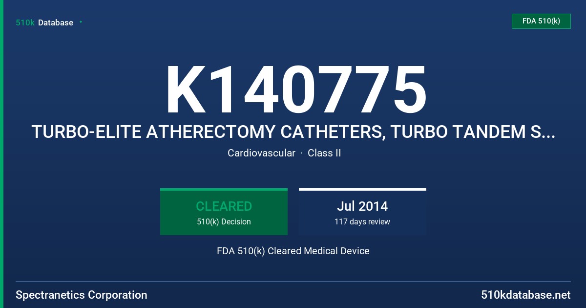 K140775 TURBO-ELITE ATHERECTOMY CATHETERS, TURBO TANDEM SYSTEM FDA 510(k) Cleared Medical Device