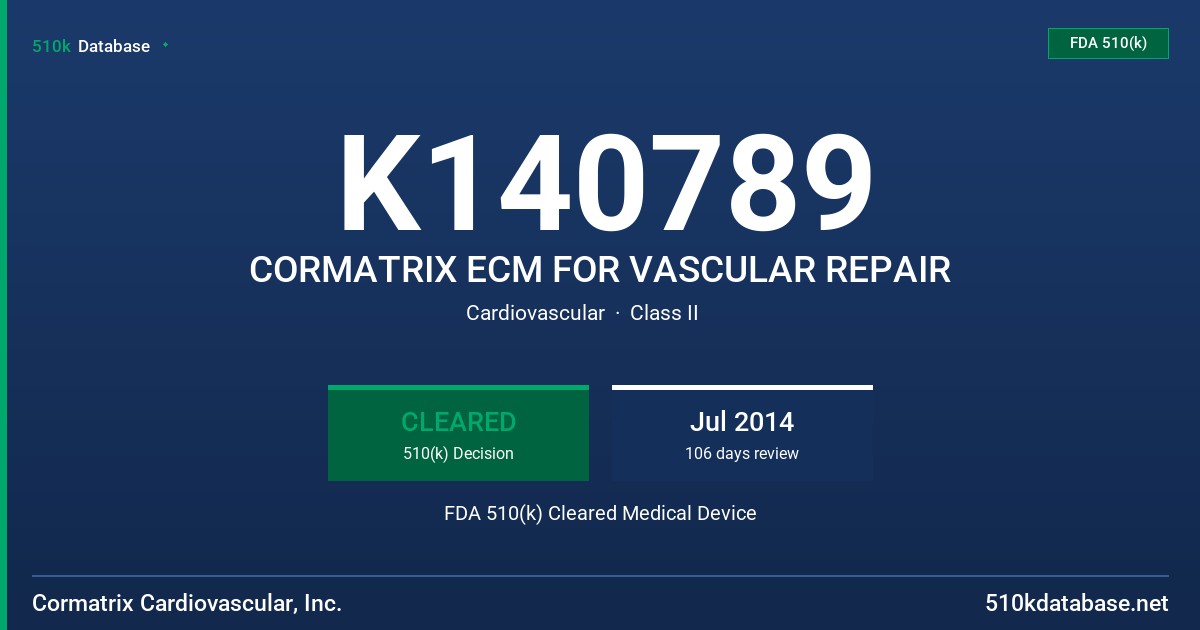 K140789 CORMATRIX ECM FOR VASCULAR REPAIR FDA 510(k) Cleared Medical Device